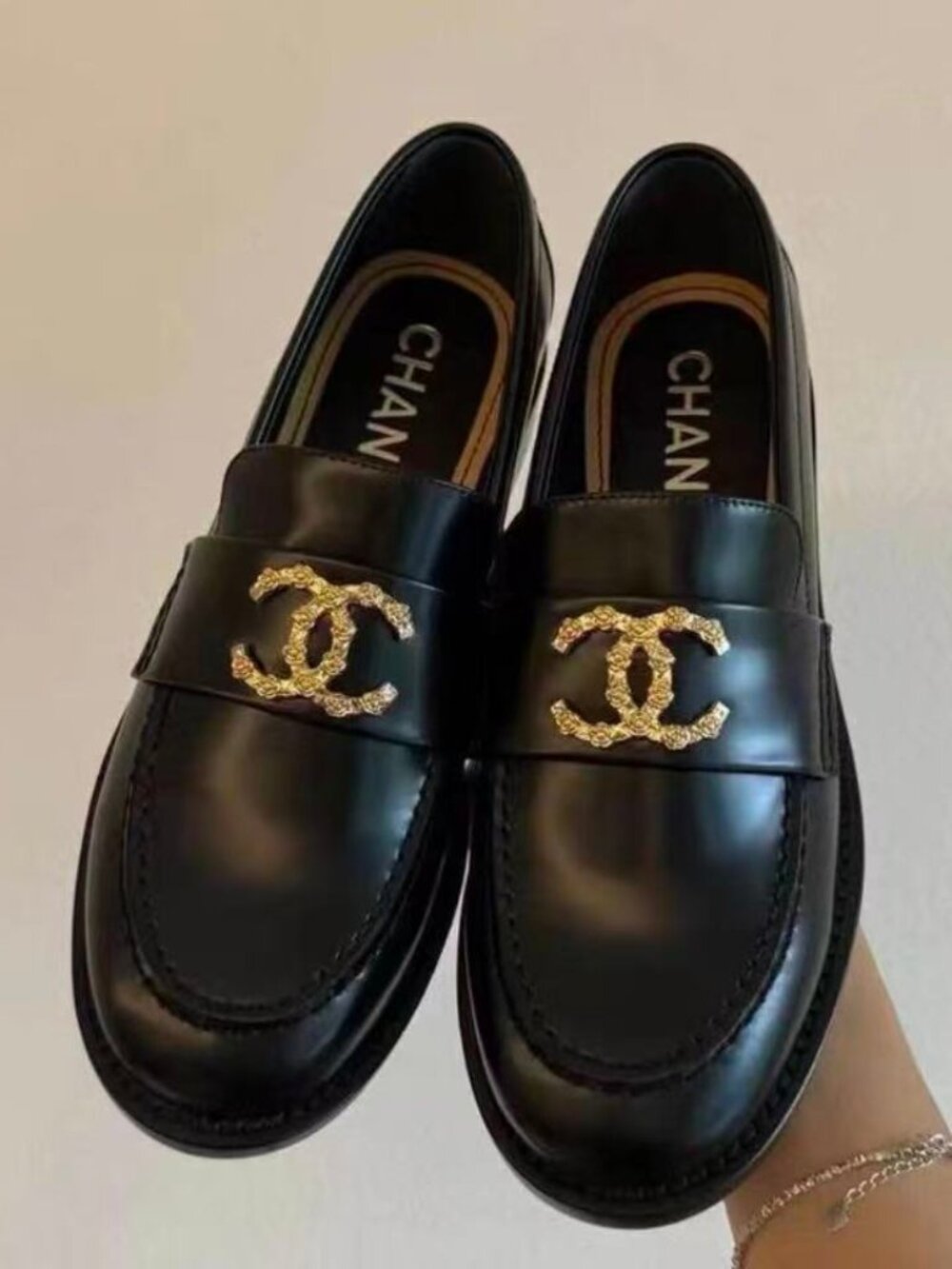 Chanel Black Leather Gold CC Logo Loafers Size 38